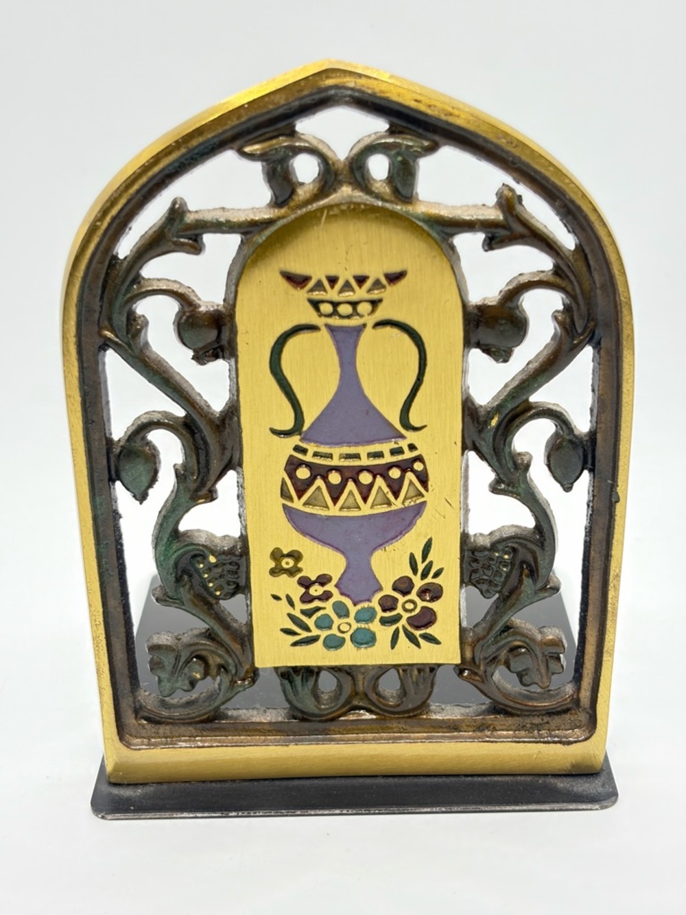 Vintage Israel Vase Florals Grape Vine Brass Enamel Inlay Judaica Bookend Decor